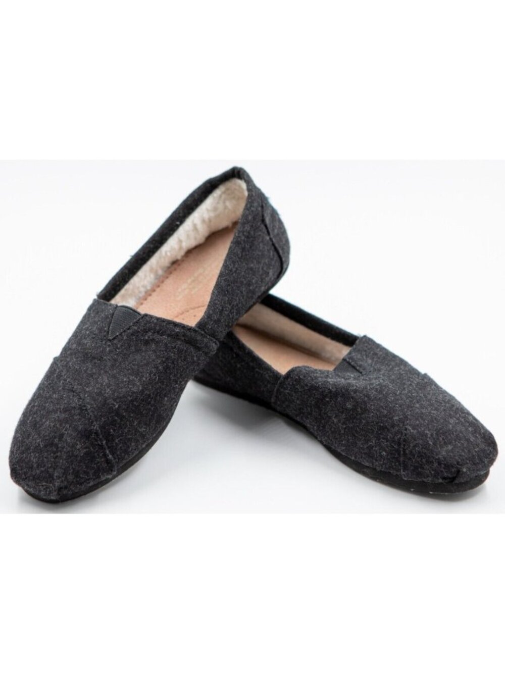 Toms Classic Black Woolen Slip-On Flats Shoes Faux Shearling Lining Women's 6